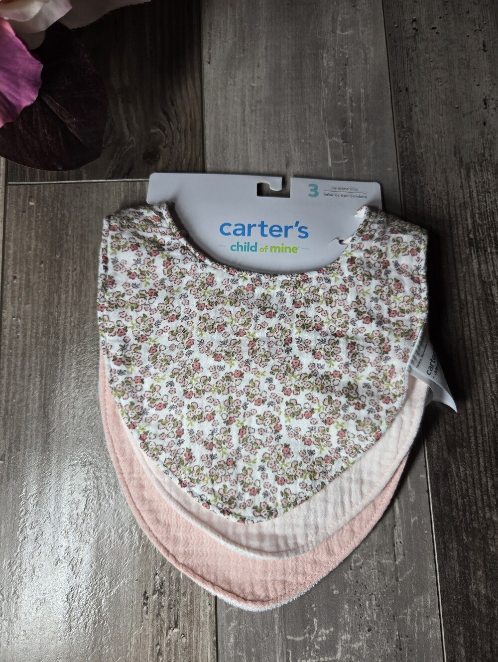 NWT Carter's Baby Girls 3‑Pack Pink Floral & Solid Bandana Bibs ONE SIZE